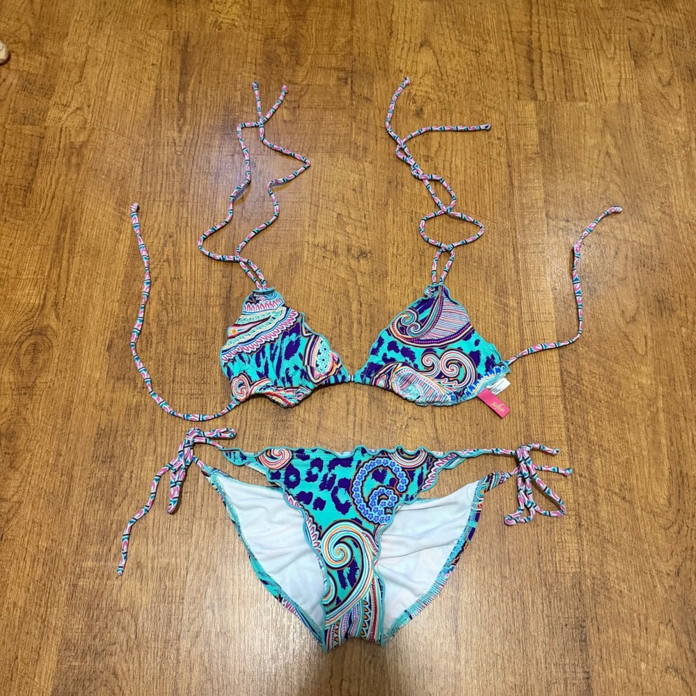 Sofia Bikini Set Womens L Multi Paisley Animal Print Triangle Tie Side Swim